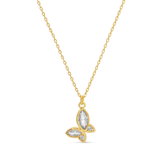 Gold necklace with a butterfly-shaped pendant on a white background