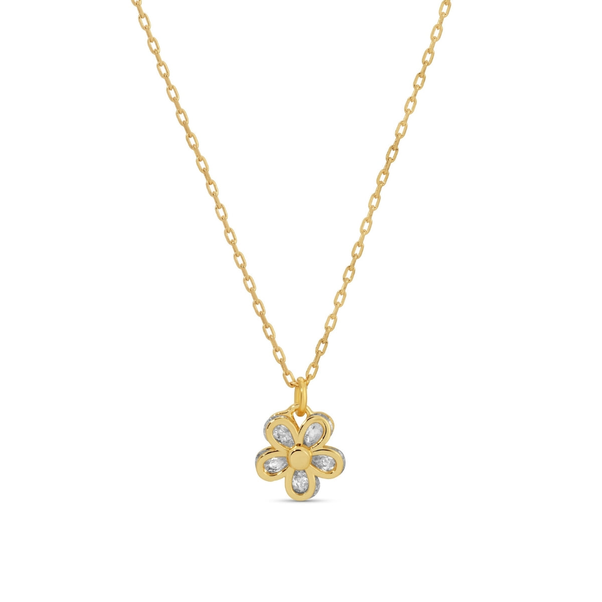 Gold necklace with a flower-shaped pendant on a white background