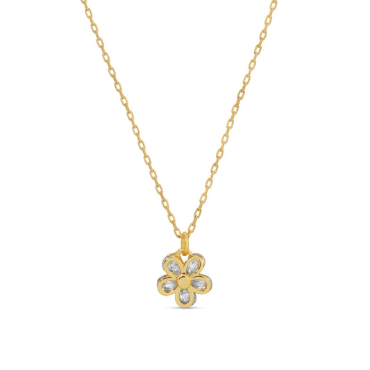 Gold necklace with a flower-shaped pendant on a white background