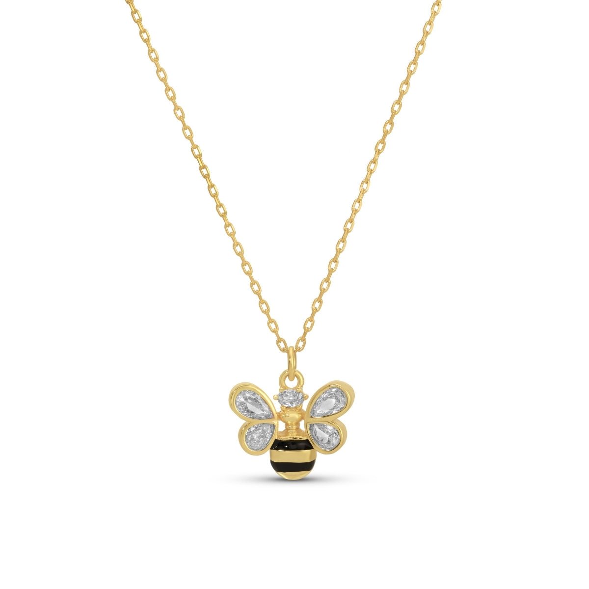 Gold bee-shaped pendant necklace on a white background