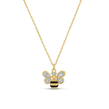 Gold bee-shaped pendant necklace on a white background
