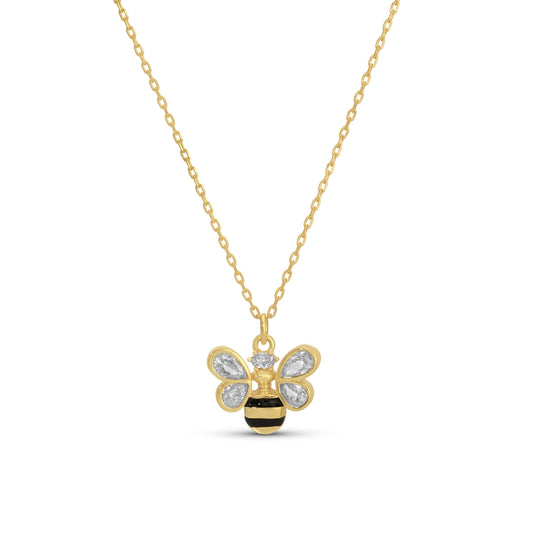 Gold bee-shaped pendant necklace on a white background
