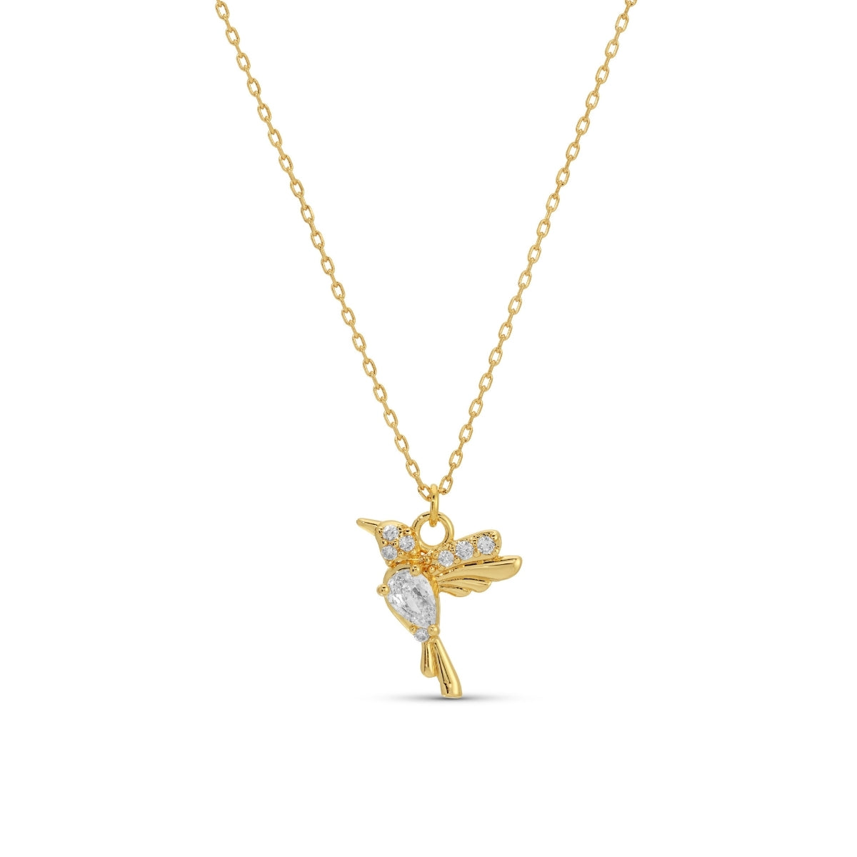 Gold necklace with a bird-shaped pendant on a white background