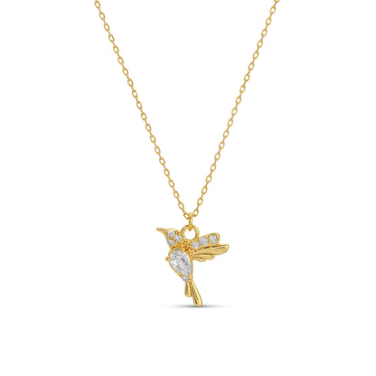 Gold necklace with a bird-shaped pendant on a white background