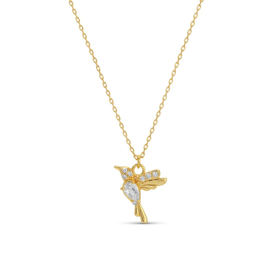 Gold necklace with a bird-shaped pendant on a white background
