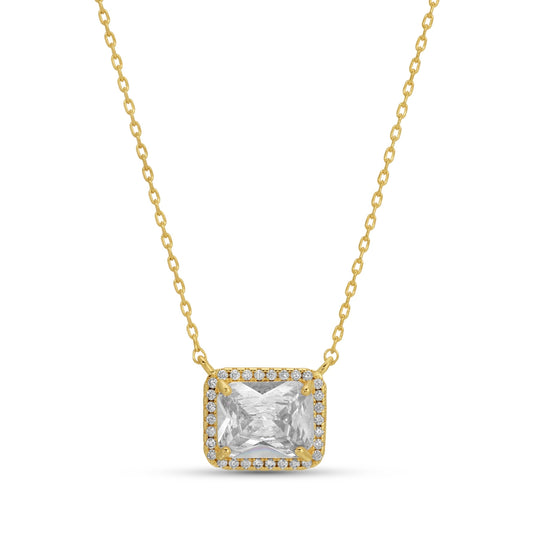 Gold necklace with a square-cut gemstone pendant on a white background