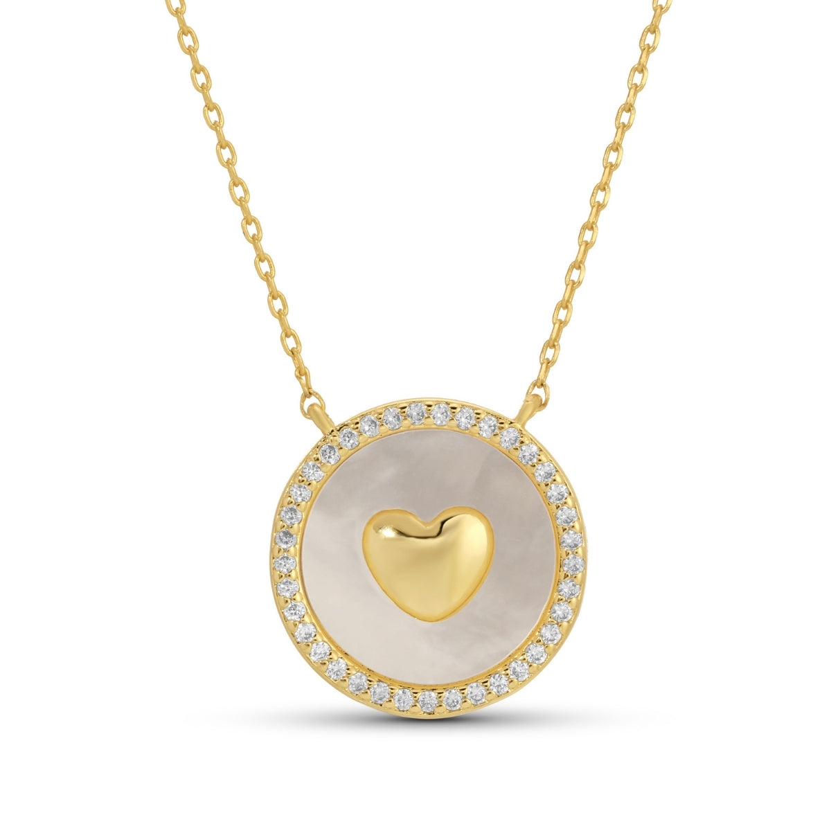 Gold necklace with a heart-shaped pendant on a white background