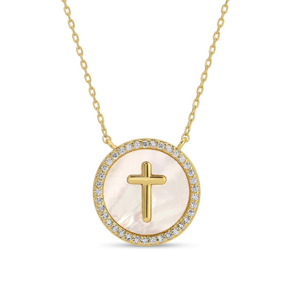 Gold necklace with a cross pendant on a white background
