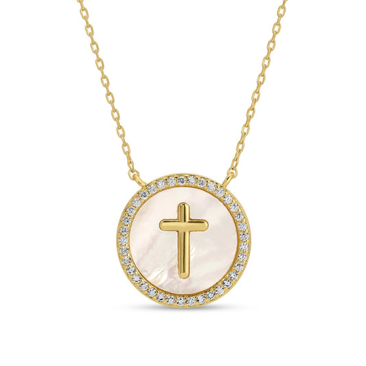Gold necklace with a cross pendant on a white background