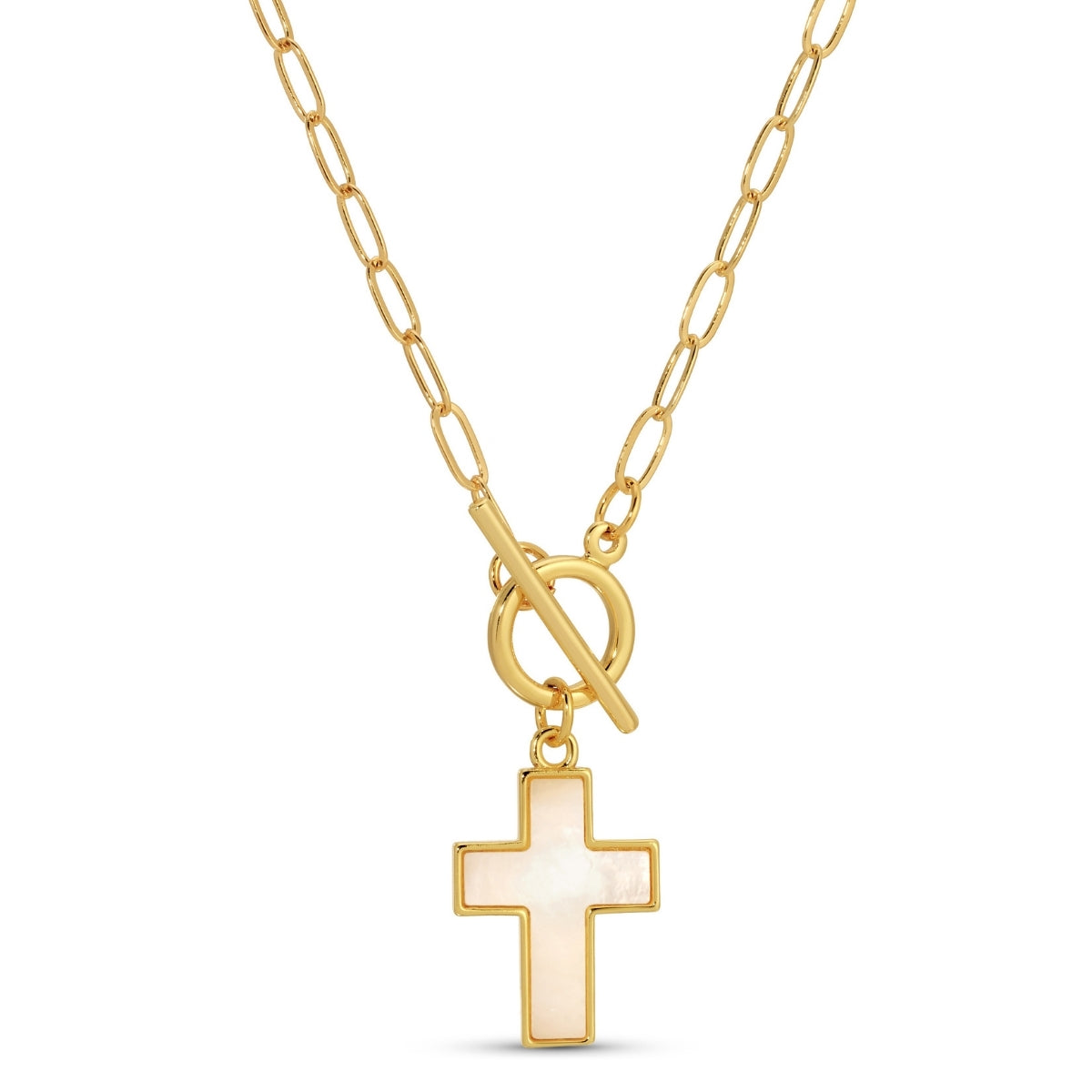 Gold necklace with a cross pendant on a white background
