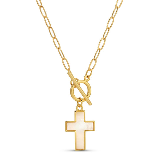 Gold necklace with a cross pendant on a white background