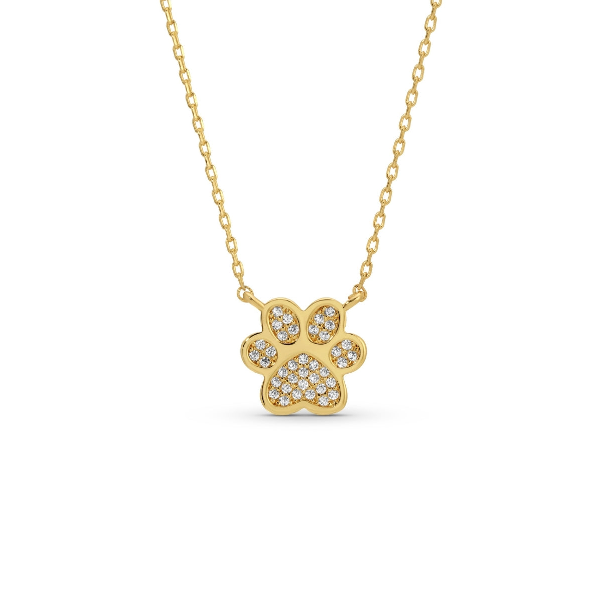Gold necklace with a paw-shaped pendant on a white background