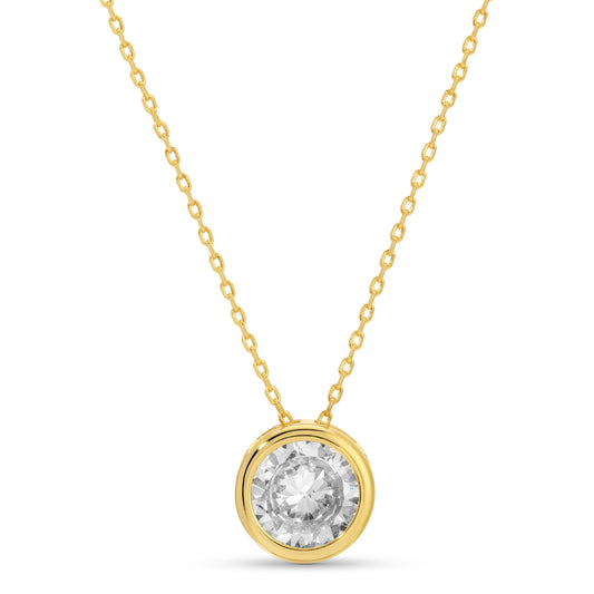 Gold necklace with a diamond pendant on a white background