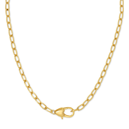 Gold chain necklace with a clasp on a white background