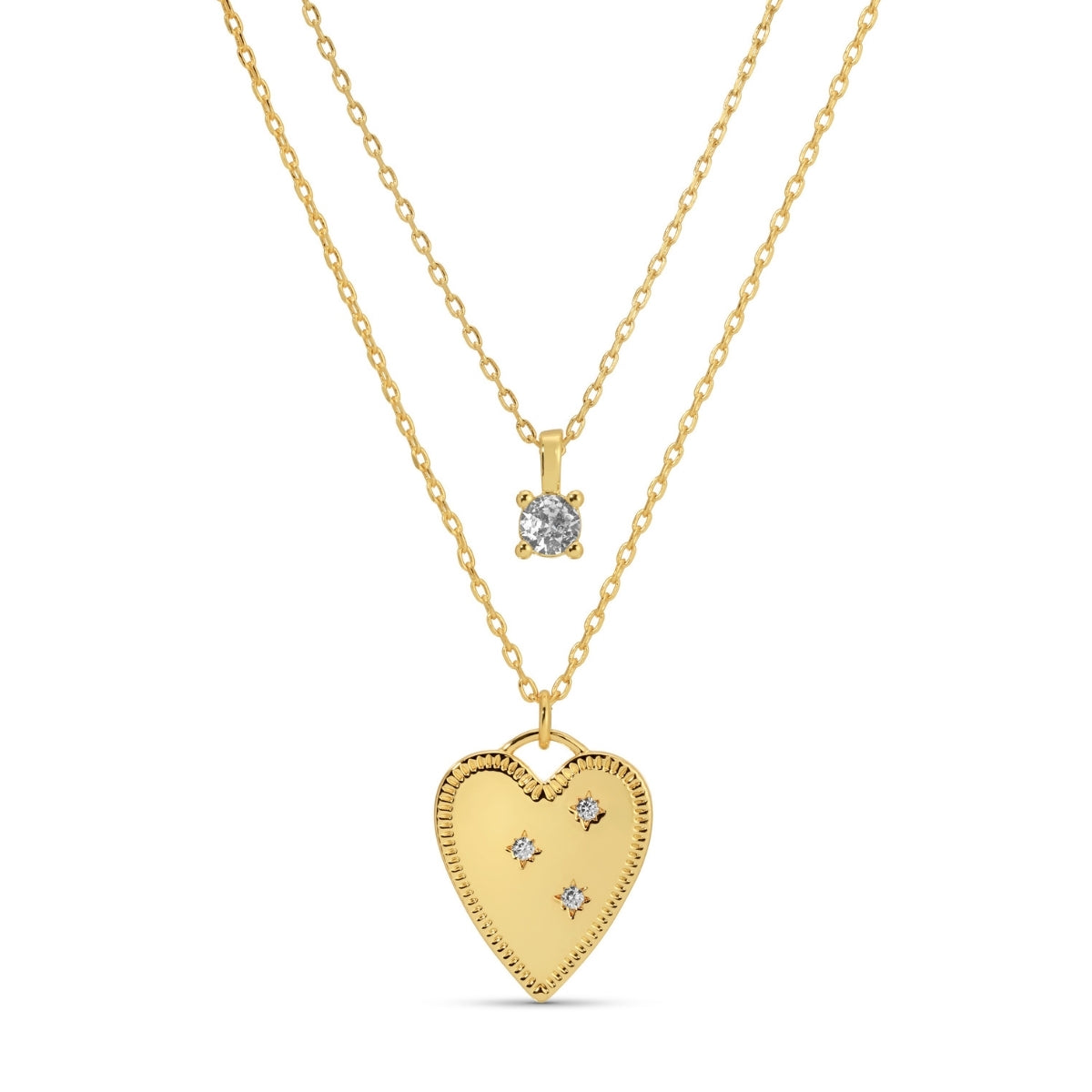 Gold heart-shaped pendant and diamond necklace on a white background