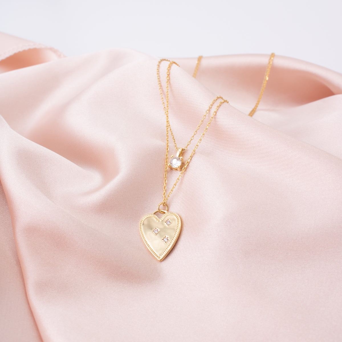 Layered CZ Solitaire and Heart Necklace