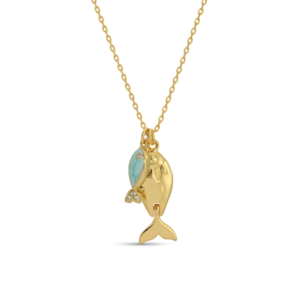 Gold fish-shaped pendant with a blue gem on a gold chain against a white background