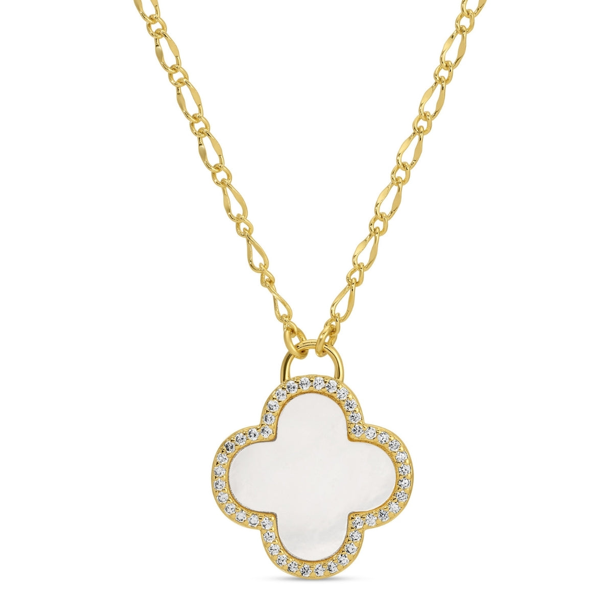 Gold necklace with a clover-shaped pendant on a white background