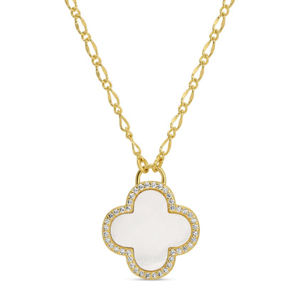 Gold necklace with a clover-shaped pendant on a white background