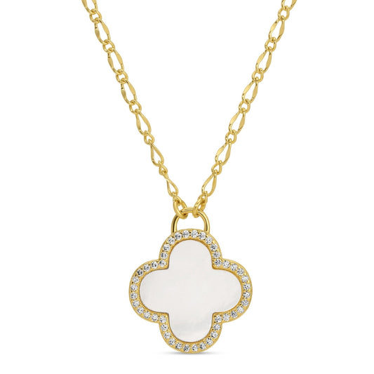 Gold necklace with a clover-shaped pendant on a white background
