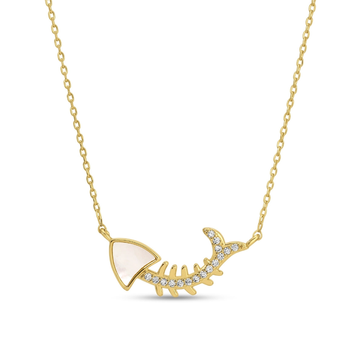 Gold necklace with a fish bone design on a white background