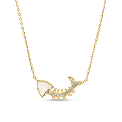 Gold necklace with a fish bone design on a white background