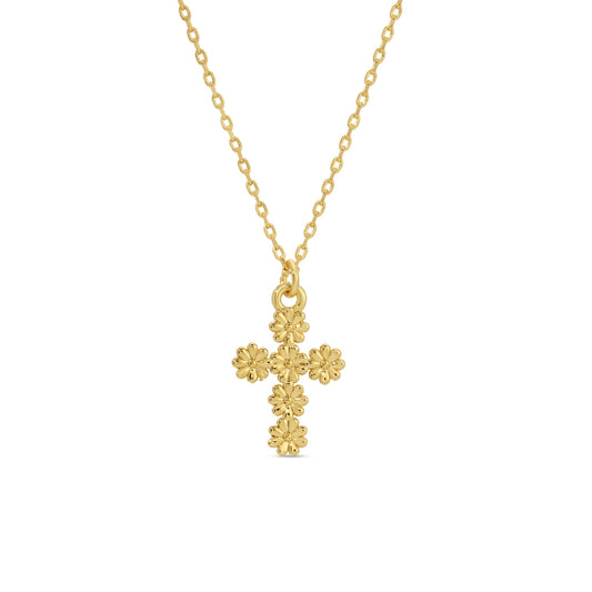 Gold cross necklace with floral details on a white background
