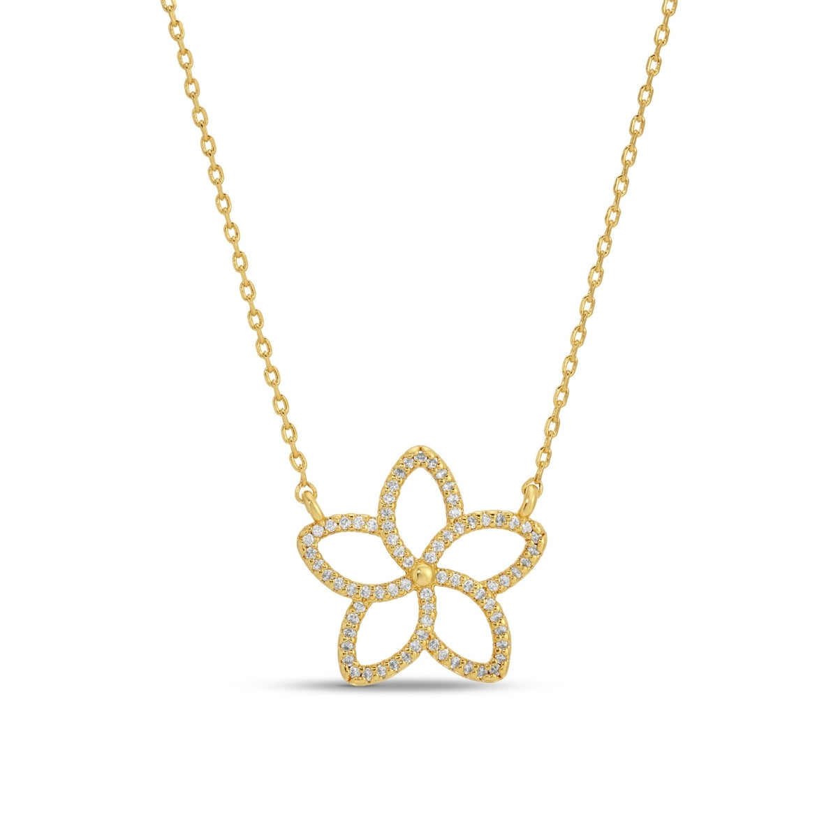 Gold necklace with a flower-shaped pendant on a white background