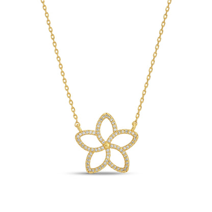 Gold necklace with a flower-shaped pendant on a white background