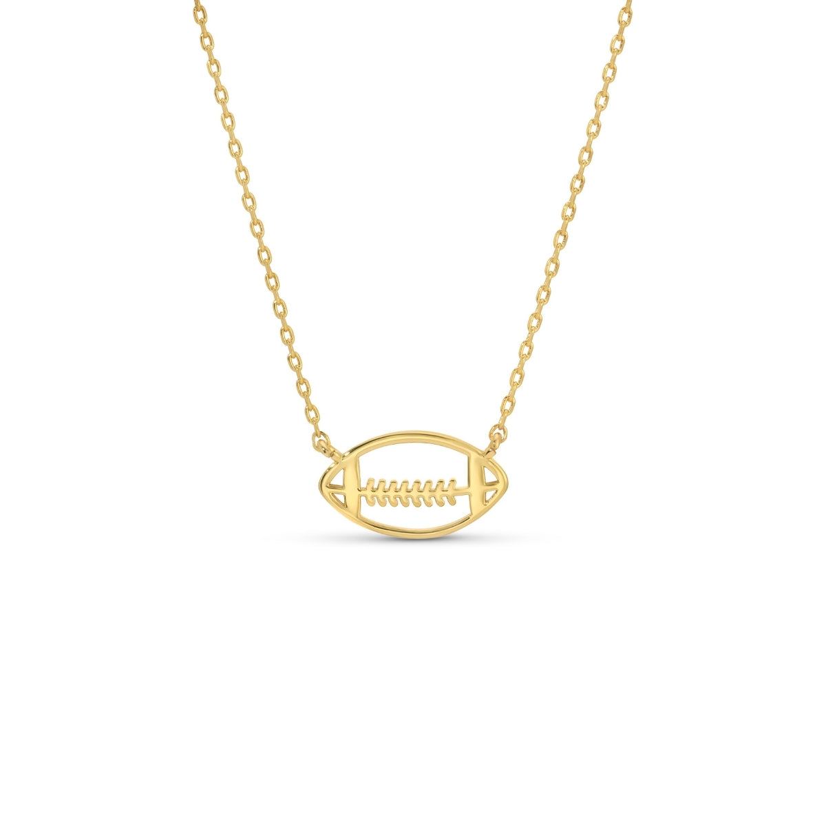 Gold necklace with a football-shaped pendant on a white background