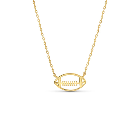 Gold necklace with a football-shaped pendant on a white background