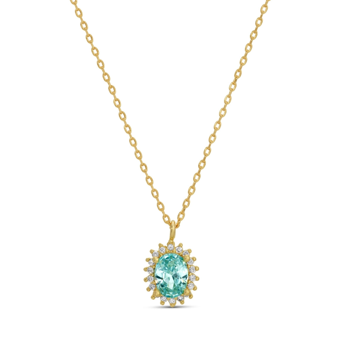 Gold necklace with a turquoise gemstone pendant on a white background