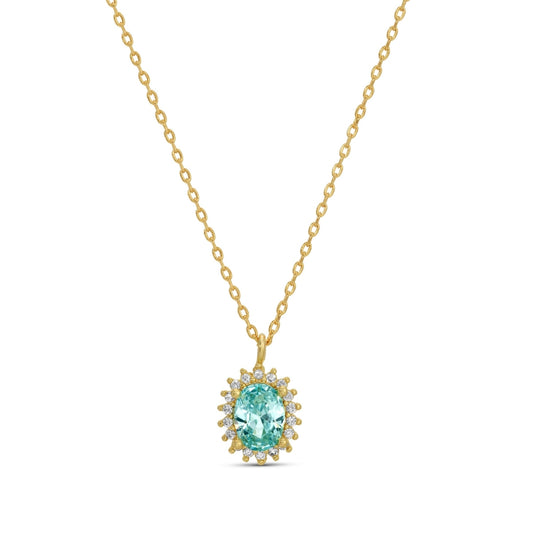 Gold necklace with a turquoise gemstone pendant on a white background