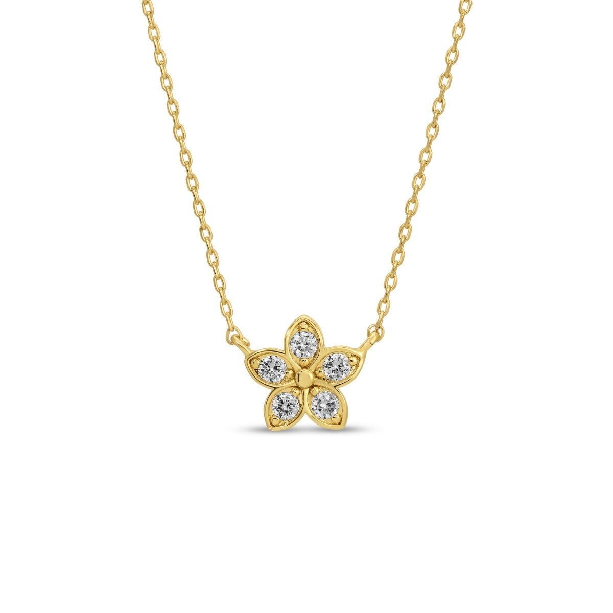 Gold necklace with a diamond-flower pendant on a white background