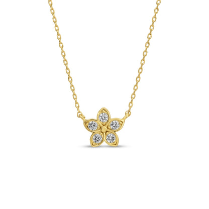 Gold necklace with a diamond-flower pendant on a white background
