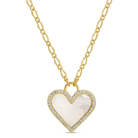 Heart-shaped pendant necklace with gold chain on a white background