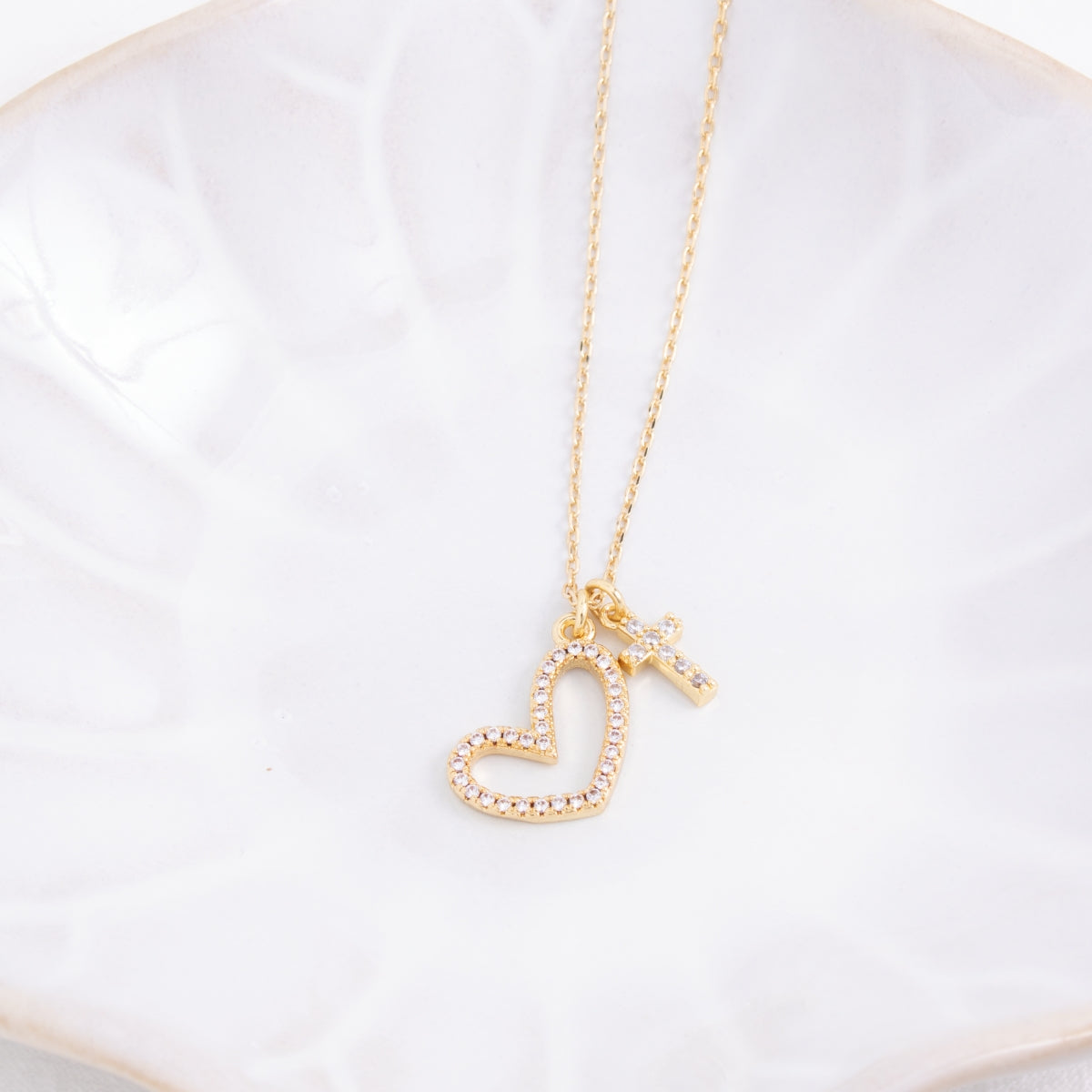 Pavé Heart and Cross Pendant Necklace