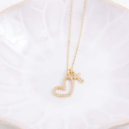 Pavé Heart and Cross Pendant Necklace
