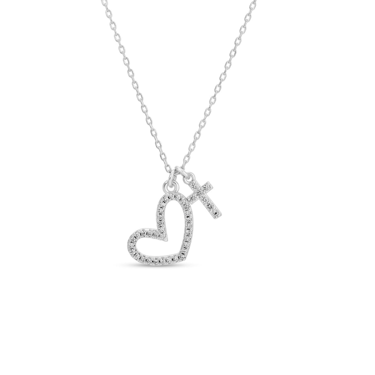Pavé Heart and Cross Pendant Necklace