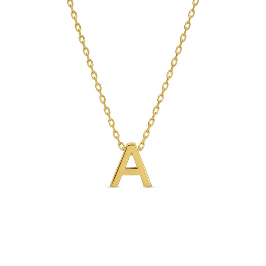 Gold necklace with a 'A' pendant on a white background