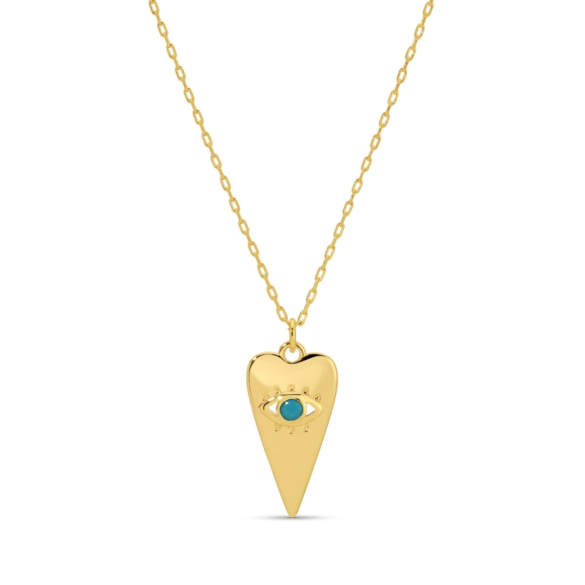 Gold heart-shaped necklace with a blue gemstone on a white background