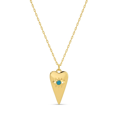 Gold heart-shaped necklace with a blue gemstone on a white background