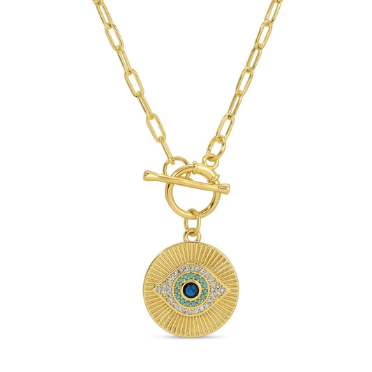 Gold necklace with an eye-shaped pendant on a white background