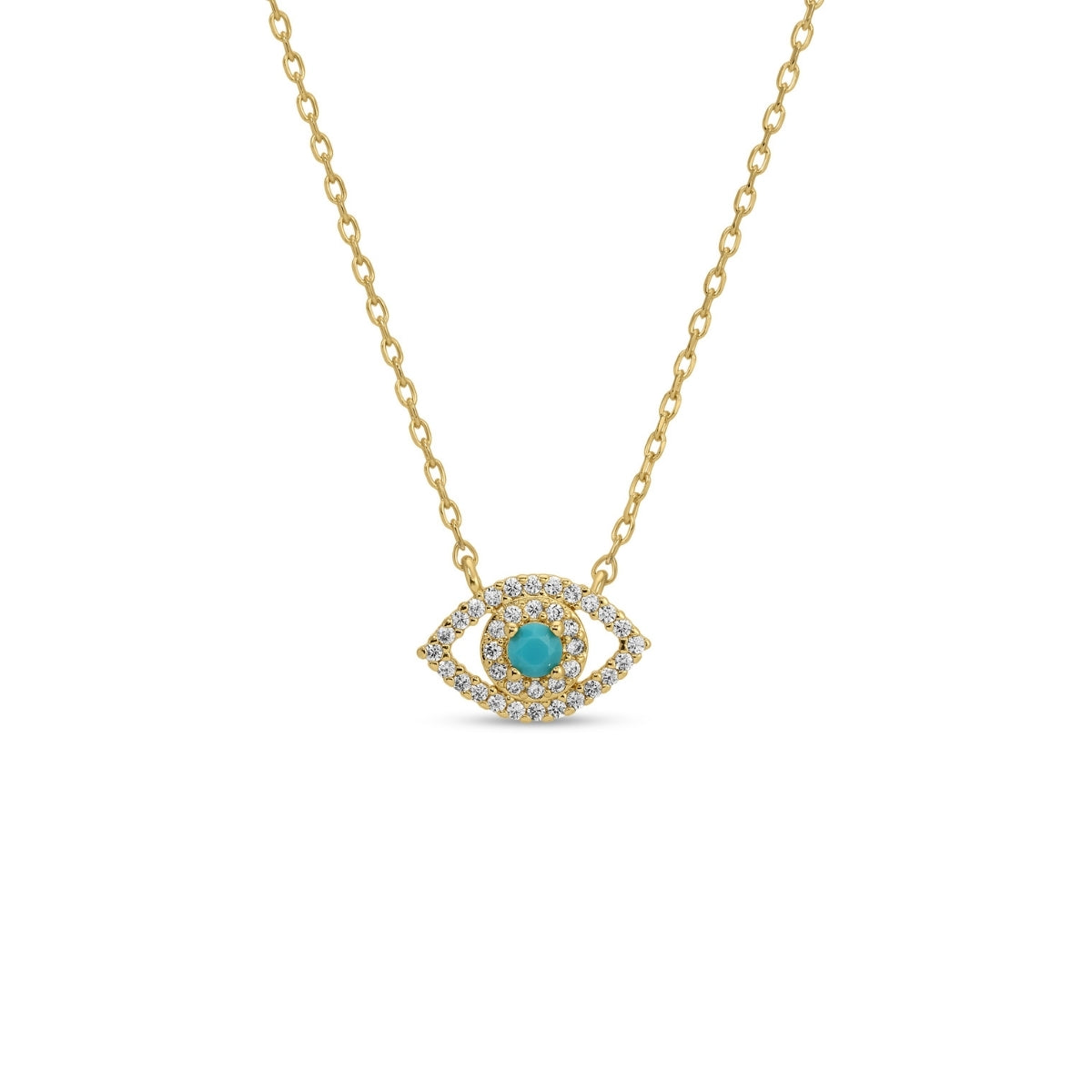 Gold necklace with a turquoise eye pendant on a white background