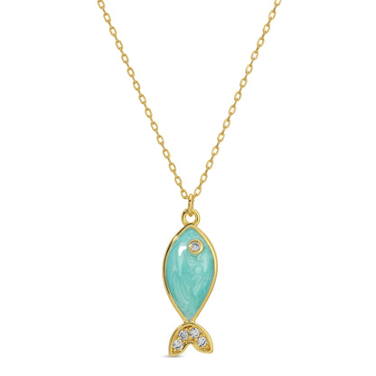 Turquoise fish-shaped pendant with gold frame on a white background