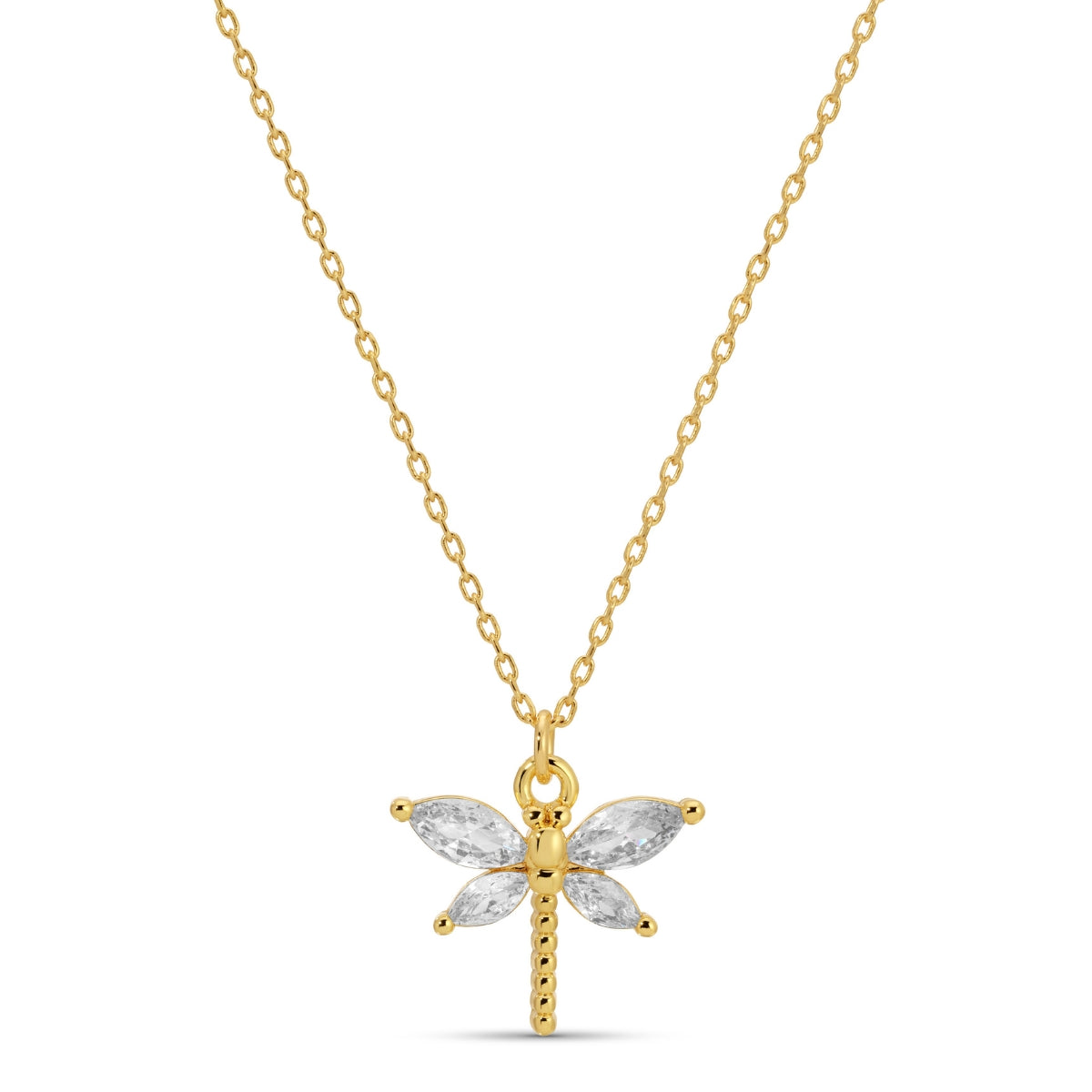 Gold dragonfly pendant necklace on a white background