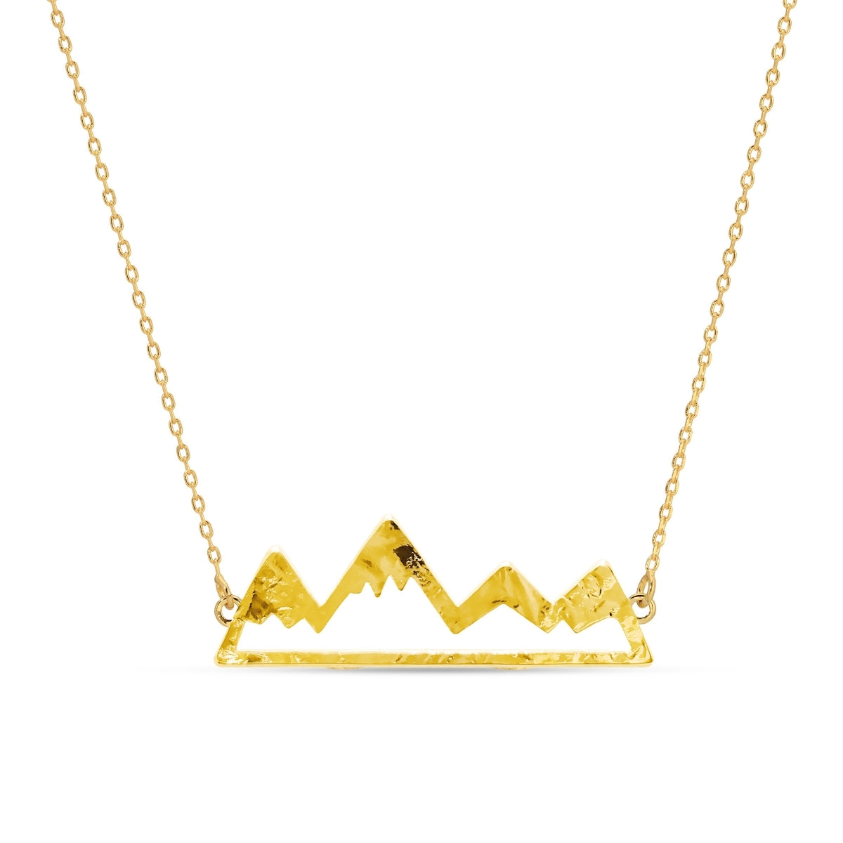 Gold mountain-shaped pendant necklace on a white background