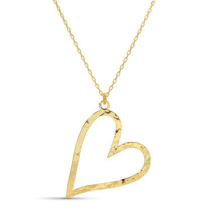 Gold heart-shaped pendant on a chain against a white background