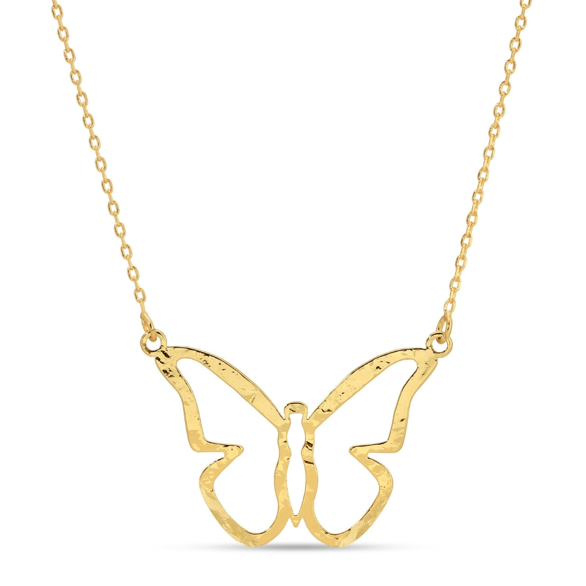 Gold butterfly necklace on a white background