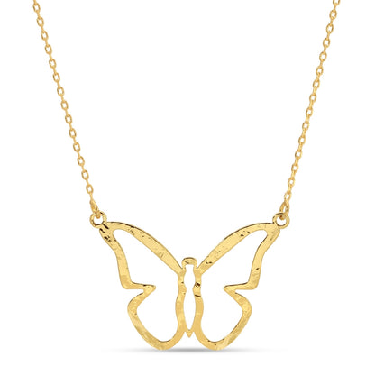 Gold butterfly necklace on a white background